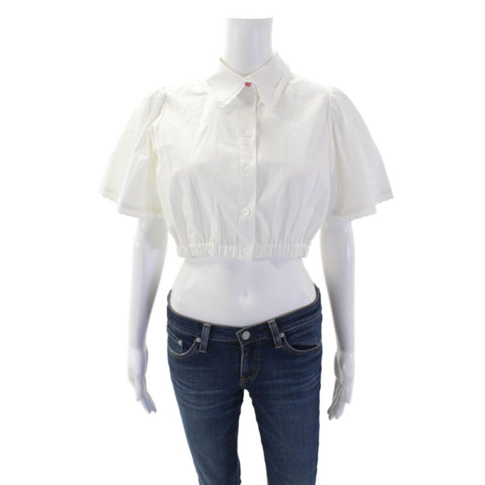 LDT Womens Cotton Collared Puff Sleeve Button Down Crop Top White Size 2